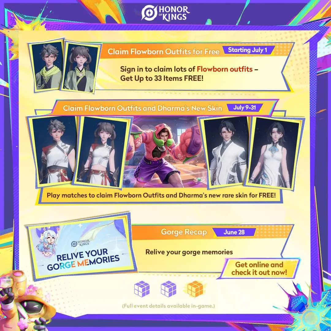 Event Juli 2025 Honor of Kings: Skin Dharma Gratis, 33 Kostum Flowborn, dan Kolaborasi BLEACH!
