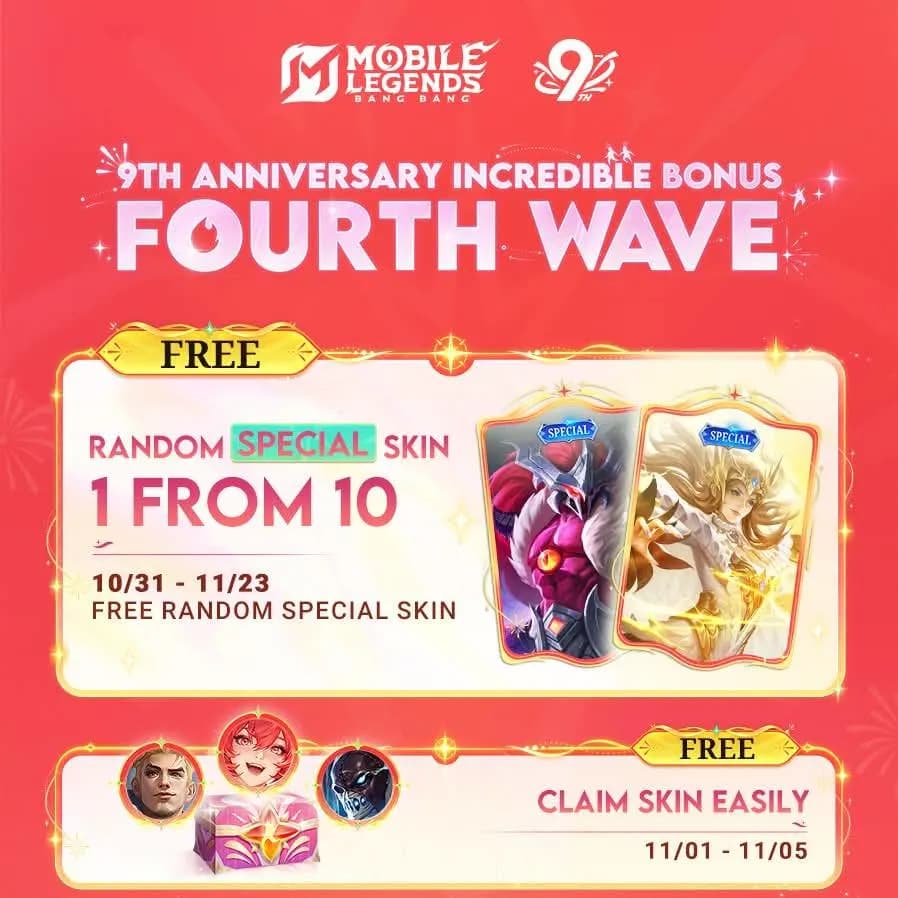 Mobile Legends 9th Anniversary Wave Keempat Hadir! Dapatkan Skin Gratis, Random Skin Chest, dan Hadiah Spesial Lainnya!