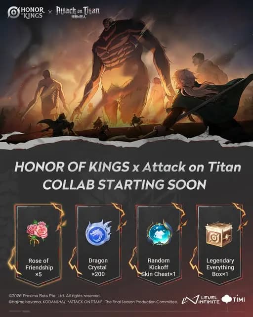 Kolaborasi Honor of Kings x Attack on Titan Resmi Diumumkan! Daftar Sekarang & Klaim Reward Eksklusif