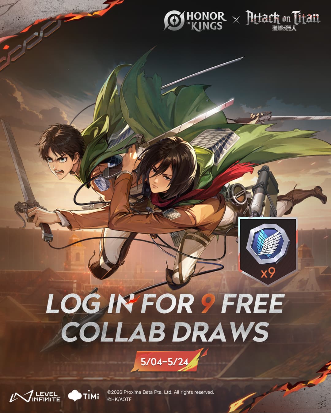 Event Kolaborasi Honor of Kings x Attack on Titan Dimulai! Login Rutin untuk Dapat 9x Draw Gratis