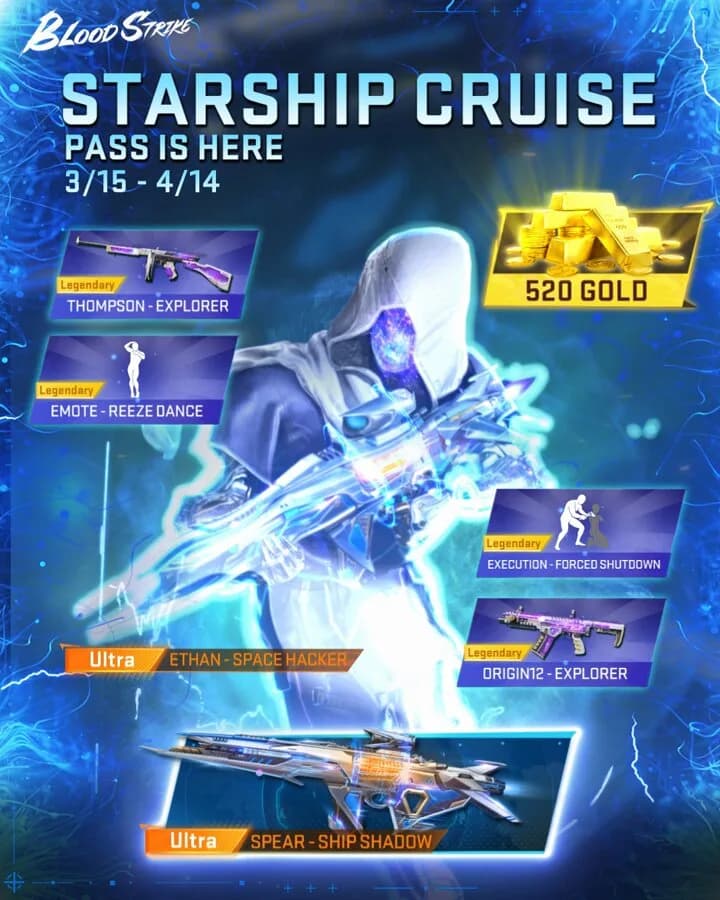 Strike Pass Starship Cruise Blood Strike Resmi Hadir! Dapatkan Ultra Skin Ethan – Space Hacker dan Spear – Ship Shadow