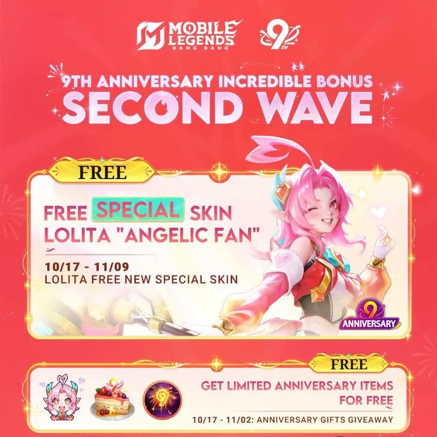 MLBB Rayakan Ulang Tahun ke-9 dengan Bonus Gelombang Kedua: Skin Lolita Gratis, Battle Emote, dan Diskon Besar!